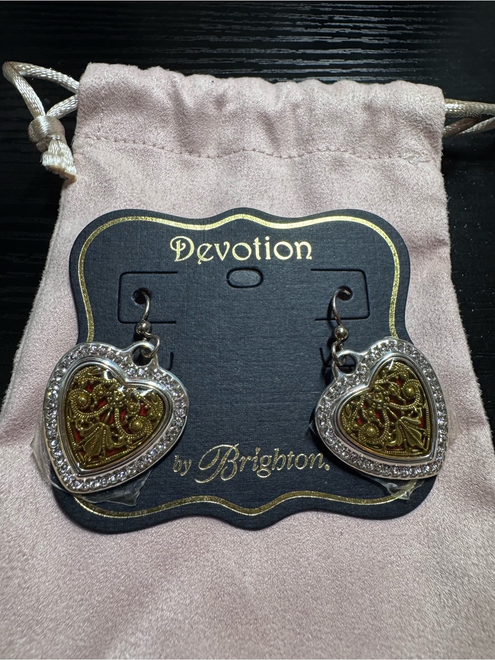 Brighton Gold and Silver Heart Filigree Drop Earrings with Red Accents